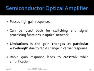  Posses high gain response.
 Can be used both for switching and signal
processing functions in optical network.
 Limitations is the gain changes at particular
wavelength due to rapid change in carrier response.
 Rapid gain response leads to crosstalk while
amplification.
1/1/2018 Dept. of EC&E, JIT, Davangere. 14
 
