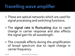  These are optical networks which are used for
signal processing and switching functions.
 The signal rate is fluctuating due to rapid
change in carrier response and also effects
the signal gain for all wavelength.
 The crosstalk effects during the amplification
of broad spectrum due to rapid change in
carrier frequency.
1/1/2018 Dept. of EC&E, JIT, Davangere. 17
 
