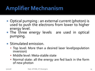  Optical pumping : an external current (photon) is
used to push the electrons from lower to higher
energy level.
 The three energy levels are used in optical
pumping.
 Stimulated emission.
 Top level: More than a desired laser level(population
inversion)
 Middle level: Meta-stable state
 Normal state: all the energy are fed back in the form
of new photon
1/1/2018 Dept. of EC&E, JIT, Davangere. 19
 