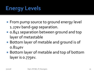  From pump source to ground energy level
1.27ev band-gap separation.
 0.841 separation between ground and top
layer of metastable
 Bottom layer of metable and ground is of
0.814ev
 Bottom layer of metable and top of bottom
layer is 0.775ev.
1/1/2018 Dept. of EC&E, JIT, Davangere. 20
 