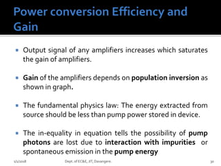  Output signal of any amplifiers increases which saturates
the gain of amplifiers.
 Gain of the amplifiers depends on population inversion as
shown in graph.
 The fundamental physics law: The energy extracted from
source should be less than pump power stored in device.
 The in-equality in equation tells the possibility of pump
photons are lost due to interaction with impurities or
spontaneous emission in the pump energy
1/1/2018 Dept. of EC&E, JIT, Davangere. 30
 