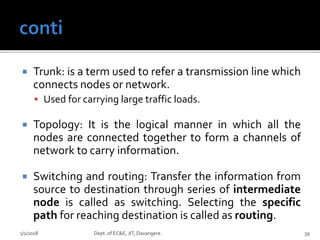  Trunk: is a term used to refer a transmission line which
connects nodes or network.
 Used for carrying large traffic loads.
 Topology: It is the logical manner in which all the
nodes are connected together to form a channels of
network to carry information.
 Switching and routing: Transfer the information from
source to destination through series of intermediate
node is called as switching. Selecting the specific
path for reaching destination is called as routing.
1/1/2018 Dept. of EC&E, JIT, Davangere. 39
 