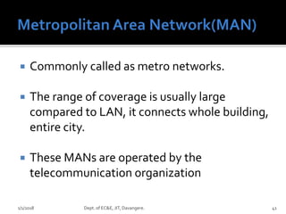  Commonly called as metro networks.
 The range of coverage is usually large
compared to LAN, it connects whole building,
entire city.
 These MANs are operated by the
telecommunication organization
1/1/2018 Dept. of EC&E, JIT, Davangere. 41
 
