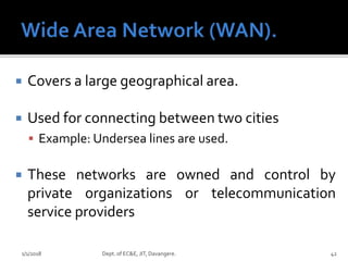  Covers a large geographical area.
 Used for connecting between two cities
 Example: Undersea lines are used.
 These networks are owned and control by
private organizations or telecommunication
service providers
1/1/2018 Dept. of EC&E, JIT, Davangere. 42
 