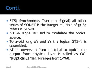  STS( Synchronous Transport Signal) all other
series of SONET is the integer multiple of 51.84
Mb/s i.e. STS-N.
 STS-N signal is used to modulate the optical
source.
 To avoid long 0’s and 1’s the logical STS-N is
scrambled.
 After conversion from electrical to optical the
output from physical layer is called as OC-
N(Optical Carrier) N ranges from 1-768.
1/1/2018 Dept. of EC&E, JIT, Davangere. 52
 