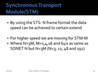  By using the STS- N frame format the data
speed can be achieved to certain extend
 For higher speed we are moving for STM-M
 Where N=3M; M=1,4,16 and 64is as same as
SONET N but N=3M (N=3, 12, 48 and 192)
1/1/2018 Dept. of EC&E, JIT, Davangere. 59
 