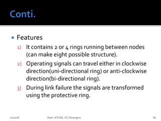  Features
1) It contains 2 or 4 rings running between nodes
(can make eight possible structure).
2) Operating signals can travel either in clockwise
direction(uni-directional ring) or anti-clockwise
direction(bi-directional ring).
3) During link failure the signals are transformed
using the protective ring.
1/1/2018 Dept. of EC&E, JIT, Davangere. 66
 
