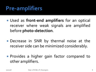  Used as front-end amplifiers for an optical
receiver where weak signals are amplified
before photo-detection.
 Decrease in SNR by thermal noise at the
receiver side can be minimized considerably.
 Provides a higher gain factor compared to
other amplifiers.
1/1/2018 Dept. of EC&E, JIT, Davangere. 8
 