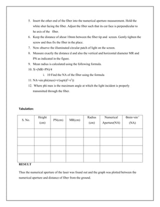 5. Insert the other end of the fiber into the numerical aperture measurement. Hold the
white shut facing the fiber. Adjust the fiber such that its cut face is perpendicular to
he axis of the fiber.
6. Keep the distance of about 10mm between the fiber tip and screen. Gently tighten the
screw and thus fix the fiber in the place.
7. Now observe the illuminated circular patch of light on the screen.
8. Measure exactly the distance d and also the vertical and horizontal diameter MR and
PN as indicated in the figure.
9. Mean radius is calculated using the following formula.
10. X=(MR+PN)/4
i. 10 Find the NA of the fiber using the formula
11. NA=sin phi(max)=r/(sqrt(d2
+r2
))
12. Where phi max is the maximum angle at which the light incident is properly
transmitted through the fiber.
Tabulation:
S. No.
Height
(cm)
PN(cm) MR(cm)
Radius
(cm)
Numerical
Aperture(NA)
θmin=sin-1
(NA)
RESULT
Thus the numerical aperture of the laser was found out and the graph was plotted between the
numerical aperture and distance of fiber from the ground.
 