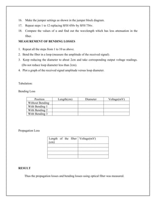 16. Make the jumper settings as shown in the jumper block diagram.
17. Repeat steps 1 to 12 replacing SFH 450v by SFH 756v.
18. Compare the values of α and find out the wavelength which has less attenuation in the
fiber.
MEASUREMENT OF BENDING LOSSES
1. Repeat all the steps from 1 to 10 as above.
2. Bend the fiber in a loop (measure the amplitude of the received signal).
3. Keep reducing the diameter to about 2cm and take corresponding output voltage readings.
(Do not reduce loop diameter less than 2cm).
4. Plot a graph of the received signal amplitude versus loop diameter.
Tabulation:
Bending Loss
Position Length(cm) Diameter Voltage(mV)
Without Bending
With Bending 1
With Bending 2
With Bending 3
Propagation Loss
Length of the fiber
(cm)
Voltage(mV)
RESULT
Thus the propagation losses and bending losses using optical fiber was measured.
 