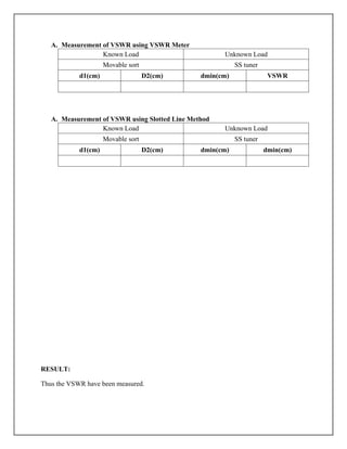 A. Measurement of VSWR using VSWR Meter
Known Load Unknown Load
Movable sort SS tuner
d1(cm) D2(cm) dmin(cm) VSWR
A. Measurement of VSWR using Slotted Line Method
Known Load Unknown Load
Movable sort SS tuner
d1(cm) D2(cm) dmin(cm) dmin(cm)
RESULT:
Thus the VSWR have been measured.
 