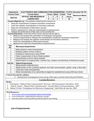 Department ELECTRONICS AND COMMUNICATION ENGINEERING R 2019 Semester-VII PC
Course Code Course Name Hours / Week Credit Total
Hours
Maximum Marks
19EC704
OPTICAL AND MICROWAVE
LABORATORY
L T P C
0 0 3 1 45 100
Course Objective (s): The purpose of learning this course is to
 Study the characteristic of passive microwave components
 Learn the radiation characteristics of microwave antennas
 Study the characteristics of Microwave sources
 Perform experiment to verify the characteristics of optical source
 Analyze the performance of fiber optic communication link
Course Outcomes: At the end of this course, learners will be able to:
 Measure and analyze the parameters of rectangular waveguides
 Conduct experiments to measure the characteristics of passive microwave components
 Measure and analyze the radiation characteristics of microwave antennas
 Verify the characteristics of Microwave sources
 Measure and verify the characteristics of optical source
Exp
No.
Microwave Experiments
1 Reflex Klystron mode characteristics
2 Radiation pattern of Horn antenna
3 Impedance measurement using VSWR
4 Power measurement of Gunn Diode oscillator
5 Characteristics of Gunn Diode oscillator
6 Determination of coupling factor, insertion loss, isolation and directivity of directional coupler
Exp No. Optical Experiments
1
1
Measurement of Bending loss
2 Measurement of the numerical aperture and data communication system using a fibre-optic
system
3 LED/Laser diode characteristics
4 Mode characteristics of an optical fiber & digital link establishment using LED/Laser diode
Content beyond the syllabus:
 Measurement of propagation losses using a fibre-optic system(Content Beyond Syllabus)
Learning Resources
Books:
1. Gerd Keiser, "Optical Fiber Communication" Mc Graw -Hill International, 4th Edition. 2010.
2. John M. Senior , “Optical Fiber Communication”, Second Edition, Pearson Education, 2007.
3. Robert E Colin, “Foundations for Microwave Engineering”, John Wiley & Sons Inc, 2005
Web Resources :
 www.cisco.com/c/en/us/products/optical-networking
 www.hit.bme.hu/~jakab/edu/litr/wdm/opt_net.pdf.
 networks.nokia.com/in/portfolio/products/optical-networking
List of Experiments:
 