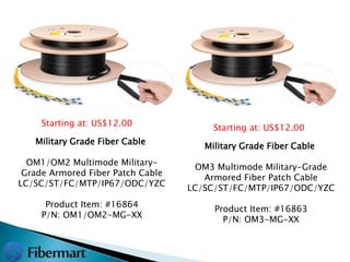 Military Grade Fiber Cable
OM1/OM2 Multimode Military-
Grade Armored Fiber Patch Cable
LC/SC/ST/FC/MTP/IP67/ODC/YZC
Product Item: #16864
P/N: OM1/OM2-MG-XX
Starting at: US$12.00
Military Grade Fiber Cable
OM3 Multimode Military-Grade
Armored Fiber Patch Cable
LC/SC/ST/FC/MTP/IP67/ODC/YZC
Product Item: #16863
P/N: OM3-MG-XX
Starting at: US$12.00
 