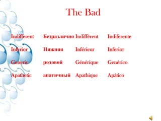 The BadIndifferent	Безразлично 	Indifférent 	IndiferenteInferior	Нижняя 	Inférieur 	InferiorGeneric	родовой 	Générique 	GenéricoApathetic	апатичный 	Apathique 	Apático
