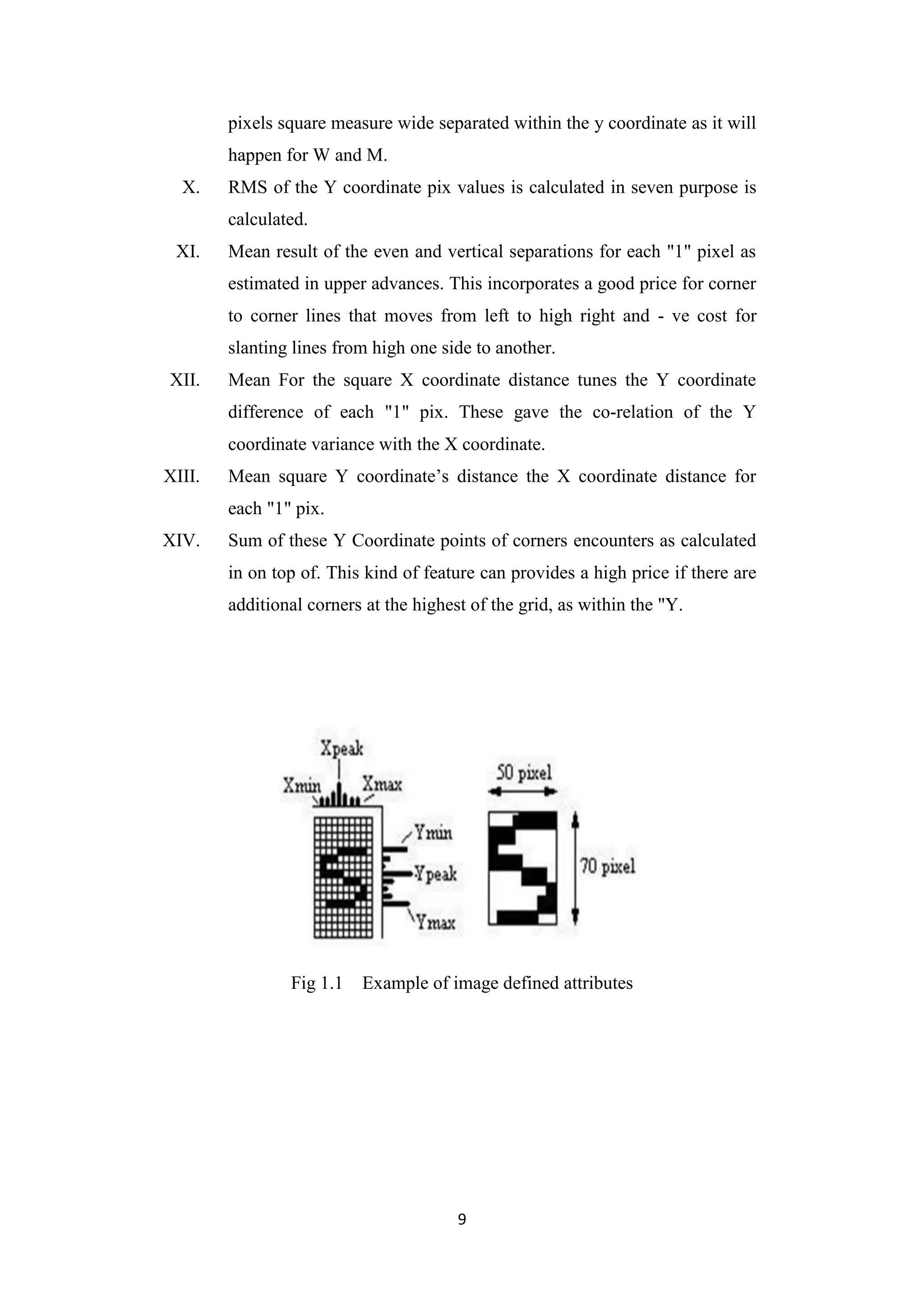 9
pixels square measure wide separated within the y coordinate as it will
happen for W and M.
X. RMS of the Y coordinate pix values is calculated in seven purpose is
calculated.
XI. Mean result of the even and vertical separations for each "1" pixel as
estimated in upper advances. This incorporates a good price for corner
to corner lines that moves from left to high right and - ve cost for
slanting lines from high one side to another.
XII. Mean For the square X coordinate distance tunes the Y coordinate
difference of each "1" pix. These gave the co-relation of the Y
coordinate variance with the X coordinate.
XIII. Mean square Y coordinate‟s distance the X coordinate distance for
each "1" pix.
XIV. Sum of these Y Coordinate points of corners encounters as calculated
in on top of. This kind of feature can provides a high price if there are
additional corners at the highest of the grid, as within the "Y.
Fig 1.1 Example of image defined attributes
 