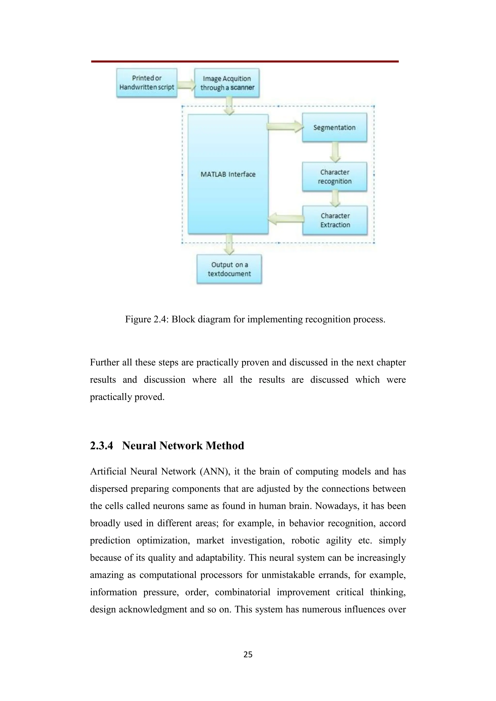 25
Figure 2.4: Block diagram for implementing recognition process.
Further all these steps are practically proven and discussed in the next chapter
results and discussion where all the results are discussed which were
practically proved.
2.3.4 Neural Network Method
Artificial Neural Network (ANN), it the brain of computing models and has
dispersed preparing components that are adjusted by the connections between
the cells called neurons same as found in human brain. Nowadays, it has been
broadly used in different areas; for example, in behavior recognition, accord
prediction optimization, market investigation, robotic agility etc. simply
because of its quality and adaptability. This neural system can be increasingly
amazing as computational processors for unmistakable errands, for example,
information pressure, order, combinatorial improvement critical thinking,
design acknowledgment and so on. This system has numerous influences over
 