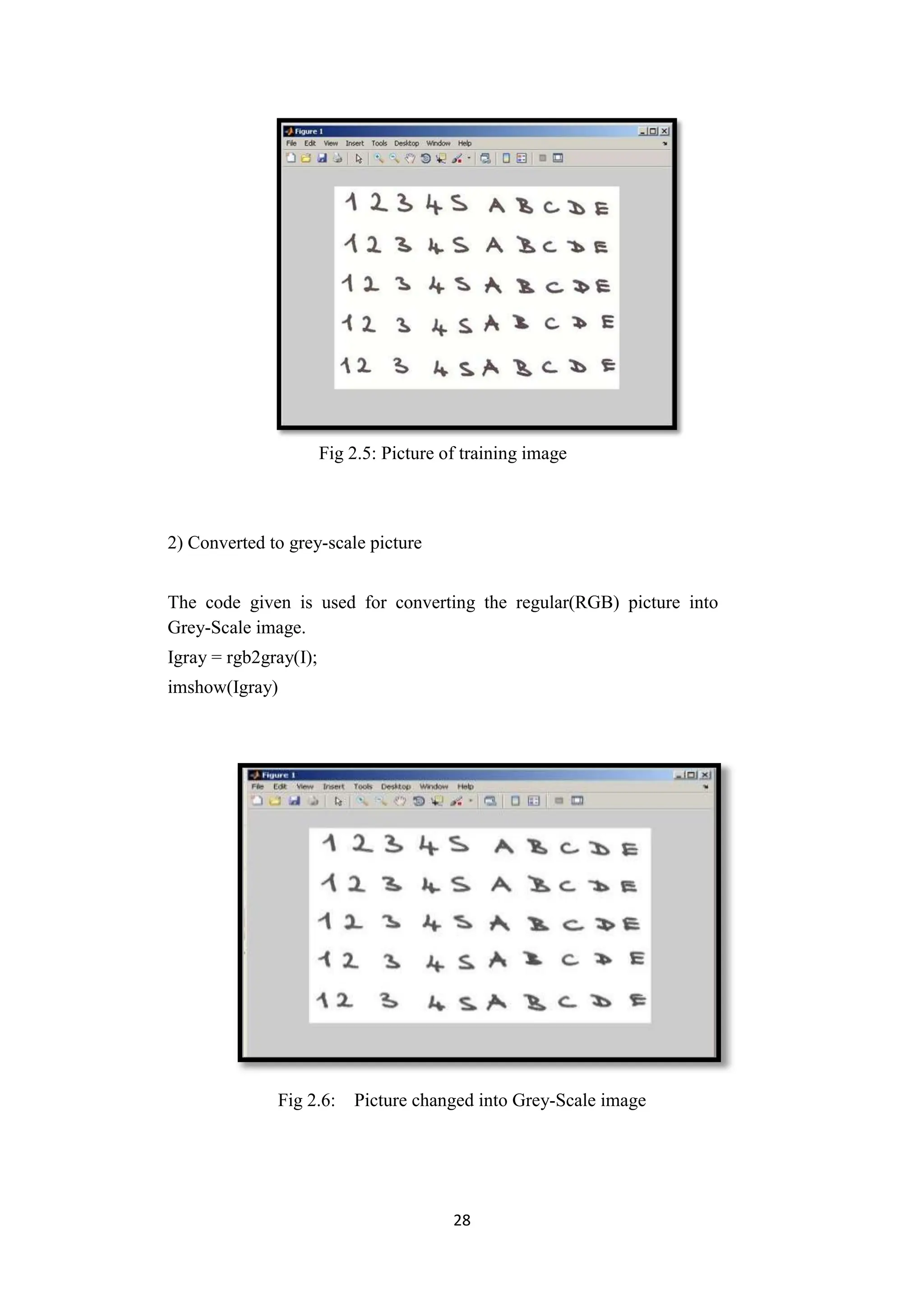 28
Fig 2.5: Picture of training image
2) Converted to grey-scale picture
The code given is used for converting the regular(RGB) picture into
Grey-Scale image.
Igray = rgb2gray(I);
imshow(Igray)
Fig 2.6: Picture changed into Grey-Scale image
 