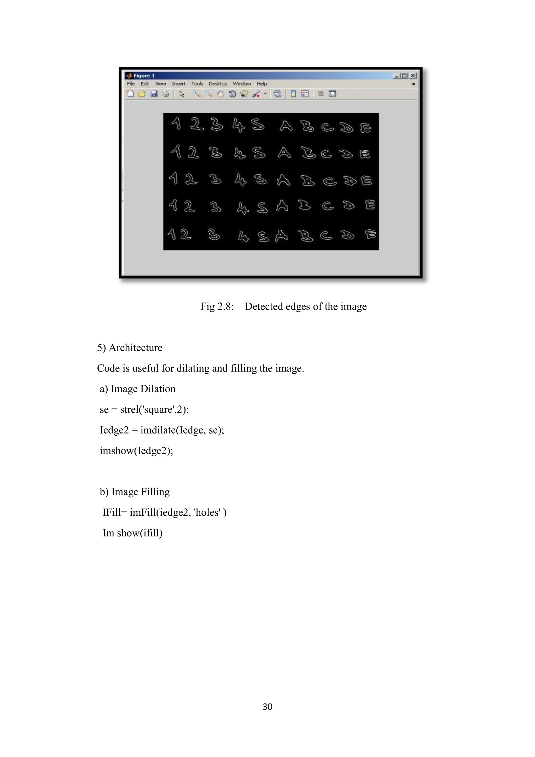 30
Fig 2.8: Detected edges of the image
5) Architecture
Code is useful for dilating and filling the image.
a) Image Dilation
se = strel('square',2);
Iedge2 = imdilate(Iedge, se);
imshow(Iedge2);
b) Image Filling
IFill= imFill(iedge2, 'holes' )
Im show(ifill)
 