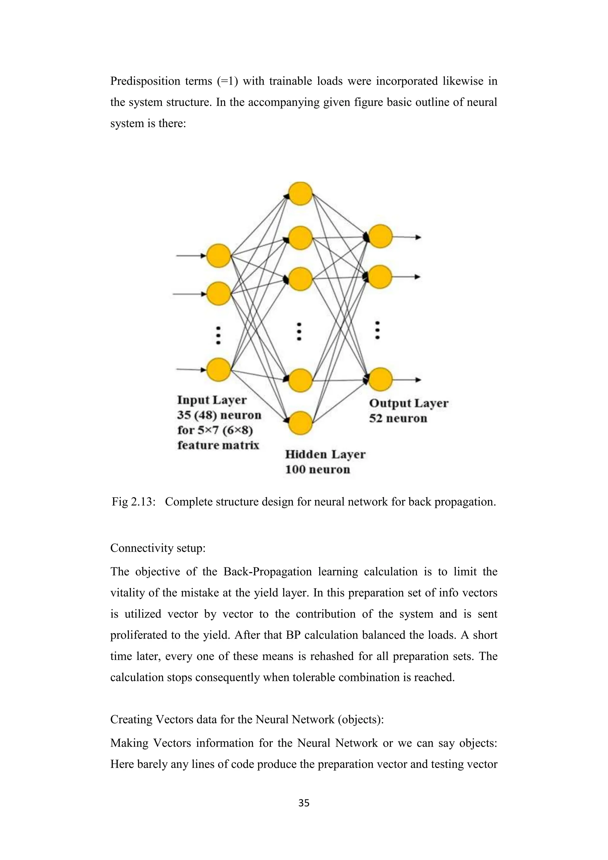 35
Predisposition terms (=1) with trainable loads were incorporated likewise in
the system structure. In the accompanying given figure basic outline of neural
system is there:
Fig 2.13: Complete structure design for neural network for back propagation.
Connectivity setup:
The objective of the Back-Propagation learning calculation is to limit the
vitality of the mistake at the yield layer. In this preparation set of info vectors
is utilized vector by vector to the contribution of the system and is sent
proliferated to the yield. After that BP calculation balanced the loads. A short
time later, every one of these means is rehashed for all preparation sets. The
calculation stops consequently when tolerable combination is reached.
Creating Vectors data for the Neural Network (objects):
Making Vectors information for the Neural Network or we can say objects:
Here barely any lines of code produce the preparation vector and testing vector
 