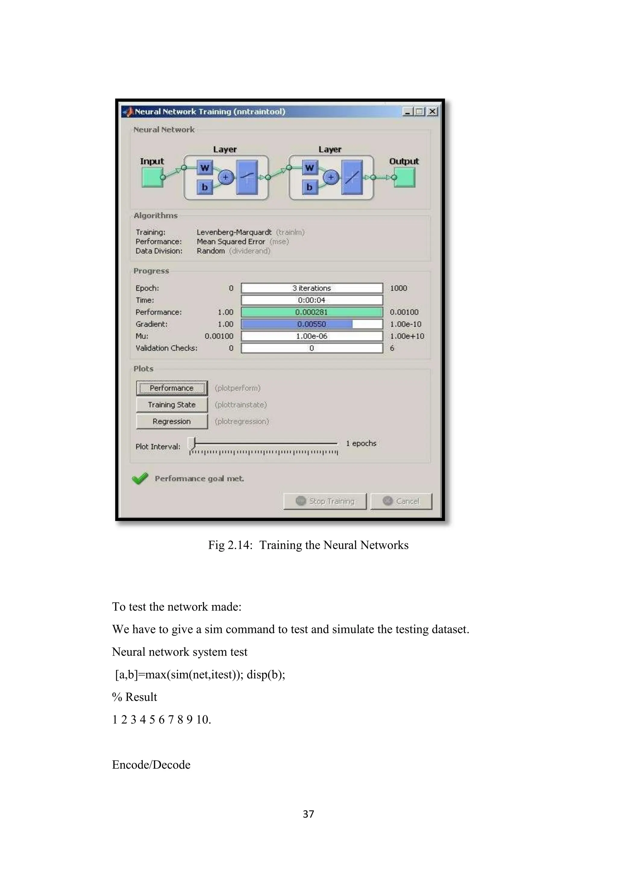 37
Fig 2.14: Training the Neural Networks
To test the network made:
We have to give a sim command to test and simulate the testing dataset.
Neural network system test
[a,b]=max(sim(net,itest)); disp(b);
% Result
1 2 3 4 5 6 7 8 9 10.
Encode/Decode
 