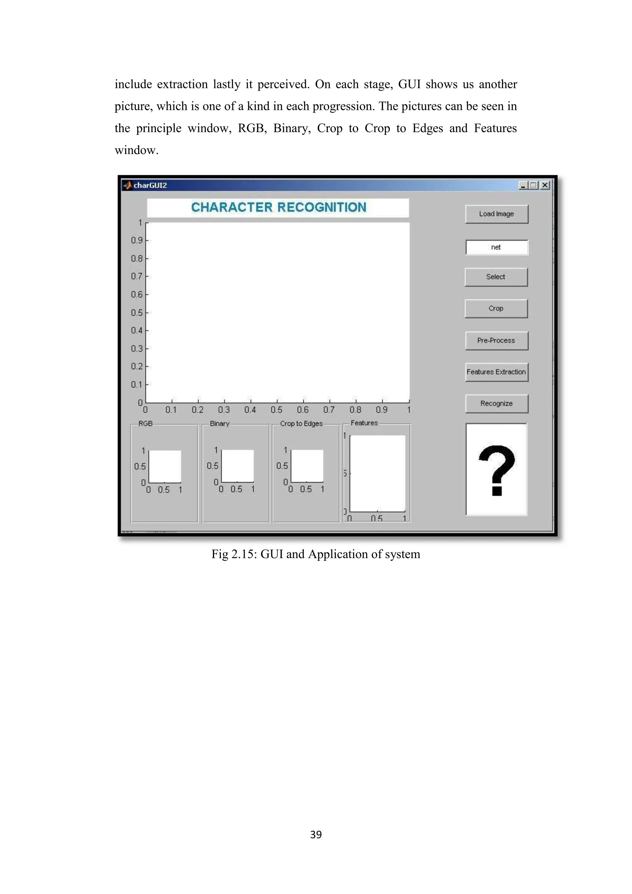 39
include extraction lastly it perceived. On each stage, GUI shows us another
picture, which is one of a kind in each progression. The pictures can be seen in
the principle window, RGB, Binary, Crop to Crop to Edges and Features
window.
Fig 2.15: GUI and Application of system
 