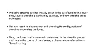 • Typically, atrophic patches initially occur in the parafoveal retina. Over
time, several atrophic patches may coalesce, and new atrophic areas
may occur.
• This can result in a horseshoe- and later ringlike confi guration of
atrophy surrounding the fovea.
• Thus, the fovea itself may remain uninvolved in the atrophic process
until late in the course of the disease, a phenomenon referred to as
“foveal sparing
 