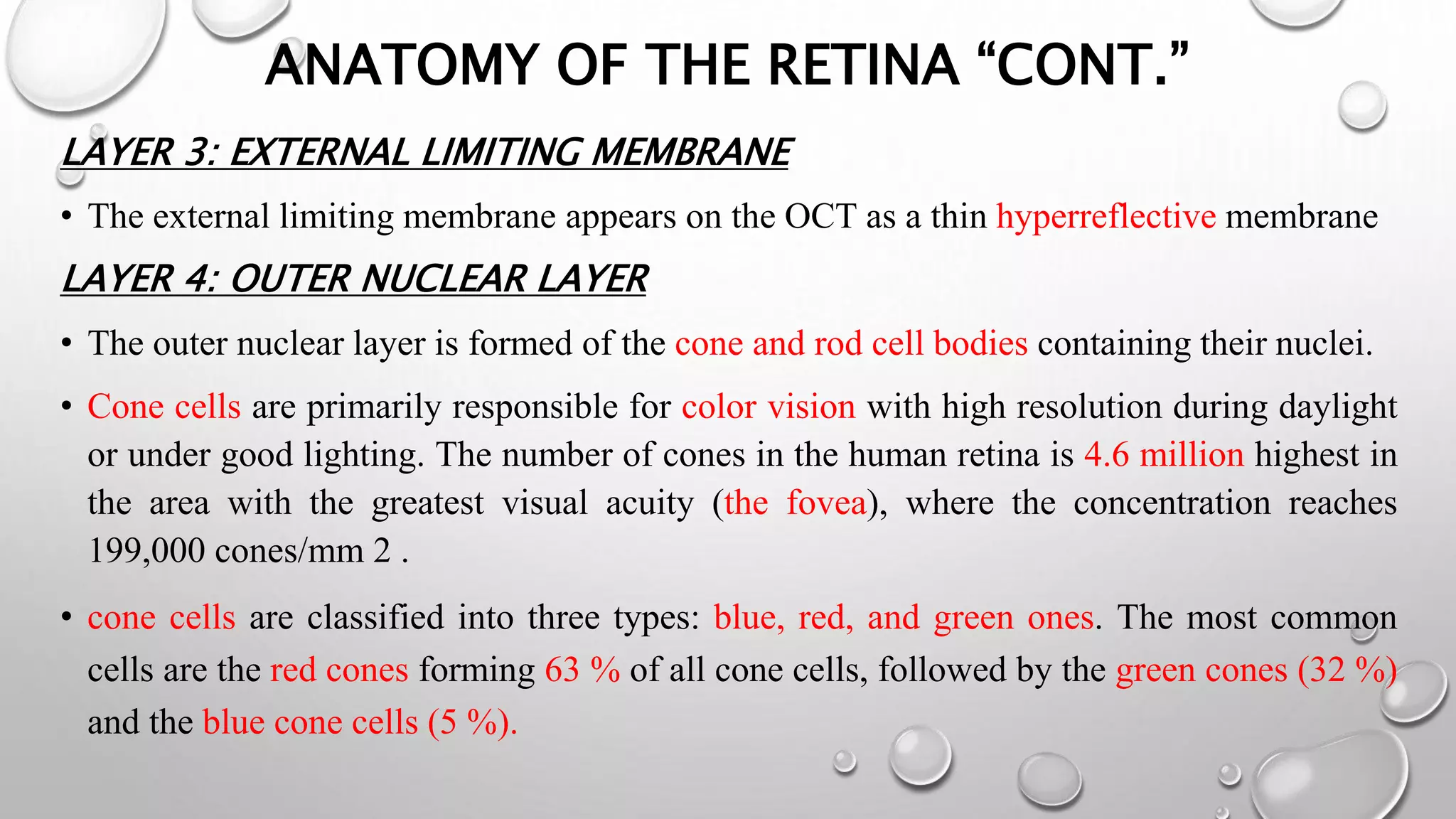 ANATOMY OF THE RETINA “CONT.”
LAYER 3: EXTERNAL LIMITING MEMBRANE
• The external limiting membrane appears on the OCT as a thin hyperreflective membrane
LAYER 4: OUTER NUCLEAR LAYER
• The outer nuclear layer is formed of the cone and rod cell bodies containing their nuclei.
• Cone cells are primarily responsible for color vision with high resolution during daylight
or under good lighting. The number of cones in the human retina is 4.6 million highest in
the area with the greatest visual acuity (the fovea), where the concentration reaches
199,000 cones/mm 2 .
• cone cells are classified into three types: blue, red, and green ones. The most common
cells are the red cones forming 63 % of all cone cells, followed by the green cones (32 %)
and the blue cone cells (5 %).
 