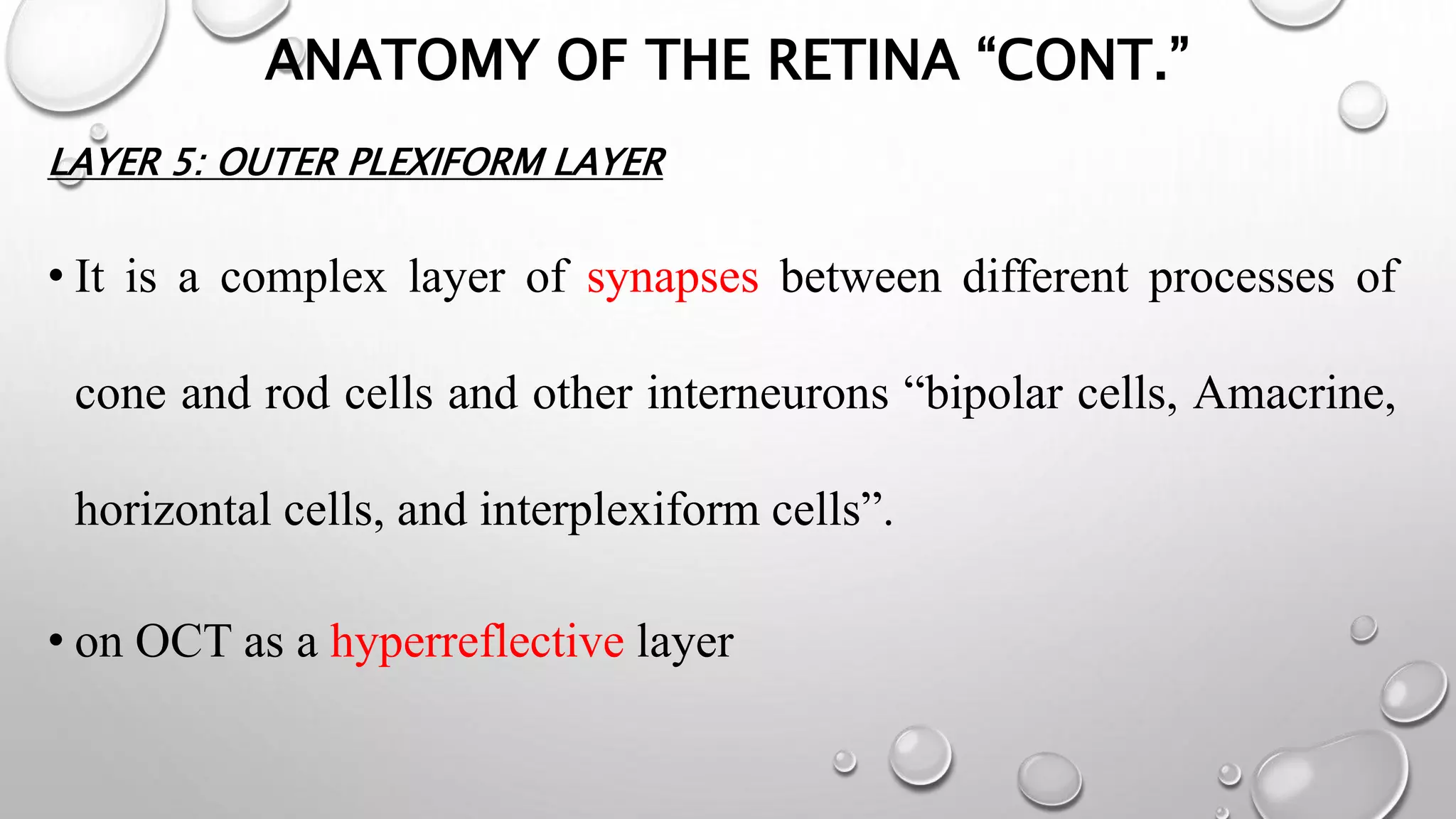 ANATOMY OF THE RETINA “CONT.”
LAYER 5: OUTER PLEXIFORM LAYER
• It is a complex layer of synapses between different processes of
cone and rod cells and other interneurons “bipolar cells, Amacrine,
horizontal cells, and interplexiform cells”.
• on OCT as a hyperreflective layer
 