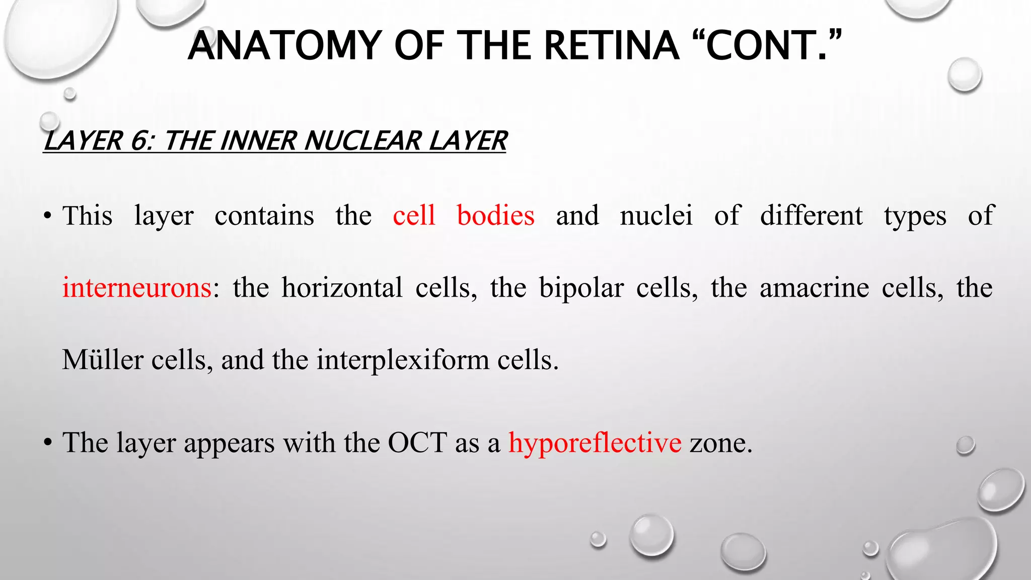 ANATOMY OF THE RETINA “CONT.”
LAYER 6: THE INNER NUCLEAR LAYER
• This layer contains the cell bodies and nuclei of different types of
interneurons: the horizontal cells, the bipolar cells, the amacrine cells, the
Müller cells, and the interplexiform cells.
• The layer appears with the OCT as a hyporeflective zone.
 