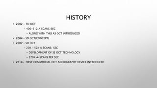 HISTORY
• 2002 - TD OCT
- 400-512 A SCANS/SEC
- ALONG WITH THIS AS OCT INTRODUCED
• 2004 – SD OCT(CONCEPT)
• 2007 – SD OCT
- 20K – 52K A SCANS/ SEC
- DEVELOPMENT OF SS OCT TECHNOLOGY
- 370K A-SCANS PER SEC
• 2014- FIRST COMMERCIAL OCT ANGIOGRAPHY DEVICE INTRODUCED
 