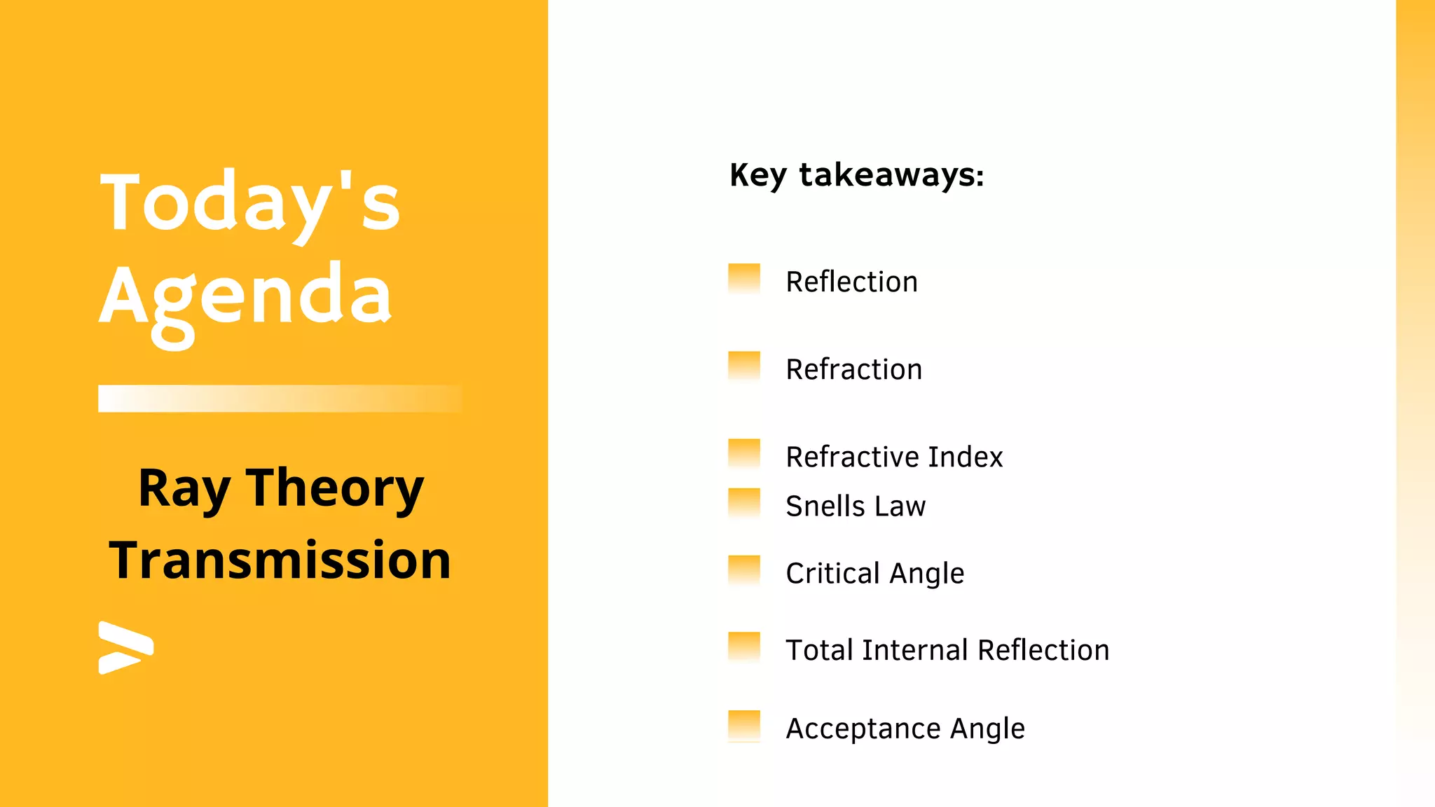 Reflection
Refraction
Refractive Index
Critical Angle
Acceptance Angle
Key takeaways:
Today's
Agenda
Ray Theory
Transmission
Total Internal Reflection
Snells Law
 