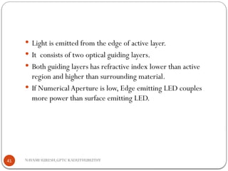 NAVAMI SURESH,GPTC KADUTHURUTHY
 Light is emitted from the edge of active layer.
 It consists of two optical guiding layers.
 Both guiding layers has refractive index lower than active
region and higher than surrounding material.
 If NumericalAperture is low, Edge emitting LED couples
more power than surface emitting LED.
41
 