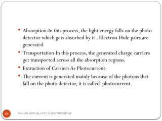 NAVAMI SURESH,GPTC KADUTHURUTHY
 Absorption-In this process, the light energy falls on the photo
detector which gets absorbed by it . Electron-Hole pairs are
generated
 Transportation-In this process, the generated charge carriers
get transported across all the absorption regions.
 Extraction of Carriers As Photocurrent-
 The current is generated mainly because of the photons that
fall on the photo detector, it is called photocurrent.
65
 