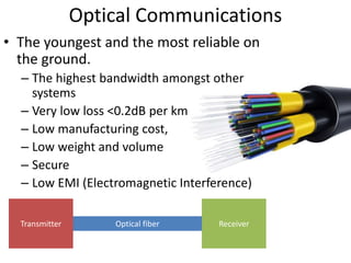 Optical Communications
• The youngest and the most reliable on
the ground.
– The highest bandwidth amongst other
systems
– Very low loss <0.2dB per km.
– Low manufacturing cost,
– Low weight and volume
– Secure
– Low EMI (Electromagnetic Interference)
Transmitter Receiver
Optical fiber
 