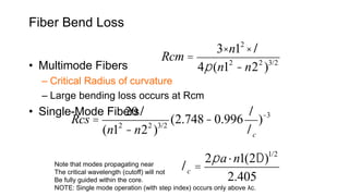 Fiber Bend Loss
• Multimode Fibers
– Critical Radius of curvature
– Large bending loss occurs at Rcm
• Single-Mode Fibers
Rcm =
3×n12
×l
4p(n12
-n22
)3/2
Rcs =
20l
(n12
-n22
)3/2
(2.748-0.996
l
lc
)-3
lc =
2pa×n1(2D)1/2
2.405
Note that modes propagating near
The critical wavelength (cutoff) will not
Be fully guided within the core.
NOTE: Single mode operation (with step index) occurs only above λc.
 