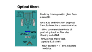 Optical fibers
Made by drawing molten glass from
a crucible
1965: Kao and Hockham proposed
fibers for broadband communication
1970s: commercial methods of
producing low-loss fibers by
Corning and AT&T.
1990: single-mode fiber,
capacity 622 Mbit/s
Now: capacity ~ 1Tbit/s, data rate
10 Gbit/s
 
