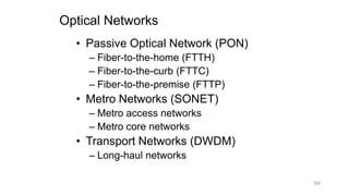 Optical Networks
• Passive Optical Network (PON)
– Fiber-to-the-home (FTTH)
– Fiber-to-the-curb (FTTC)
– Fiber-to-the-premise (FTTP)
• Metro Networks (SONET)
– Metro access networks
– Metro core networks
• Transport Networks (DWDM)
– Long-haul networks
94
 