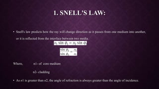 1. SNELL'S LAW:
• Snell's law predicts how the ray will change direction as it passes from one medium into another,
or it is reflected from the interface between two media.
Where, n1- of core medium
n2- cladding
• As n1 is greater than n2, the angle of refraction is always greater than the angle of incidence.
 