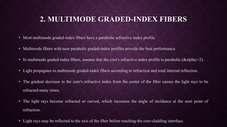 2. MULTIMODE GRADED-INDEX FIBERS
• Most multimode graded-index fibers have a parabolic refractive index profile.
• Multimode fibers with near parabolic graded-index profiles provide the best performance.
• In multimode graded-index fibers, assume that the core's refractive index profile is parabolic (&alpha;=2).
• Light propagates in multimode graded-index fibers according to refraction and total internal reflection.
• The gradual decrease in the core's refractive index from the center of the fiber causes the light rays to be
refracted many times.
• The light rays become refracted or curved, which increases the angle of incidence at the next point of
refraction.
• Light rays may be reflected to the axis of the fiber before reaching the core-cladding interface.
 