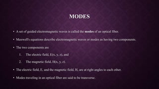 MODES
• A set of guided electromagnetic waves is called the modes of an optical fiber.
• Maxwell's equations describe electromagnetic waves or modes as having two components.
• The two components are
1. The electric field, E(x, y, z), and
2. The magnetic field, H(x, y, z).
• The electric field, E, and the magnetic field, H, are at right angles to each other.
• Modes traveling in an optical fiber are said to be transverse.
 