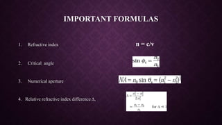 IMPORTANT FORMULAS
1. Refractive index n = c/v
2. Critical angle
3. Numerical aperture
4. Relative refractive index difference Δ,
 