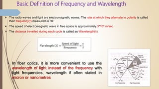 Basic Definition of Frequency and Wavelength
 The radio waves and light are electromagnetic waves. The rate at which they alternate in polarity is called
their frequency(f) measured in Hz.
 The speed of electromagnetic wave in free space is approximately 3*108 m/sec.
 The distance travelled during each cycle is called as Wavelength(λ).
• In fiber optics, it is more convenient to use the
wavelength of light instead of the frequency with
light frequencies, wavelength if often stated in
micron or nanometres
 