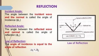 REFLECTION
Incident Angle:
The angle between the incident wave
and the normal is called the angle of
Incidence (φ1)
Reflected Angle:
The angle between the reflected wave
and normal is called the angle of
reflection (φ2)
Law of Reflection:
The angle of incidence is equal to the
angle of reflection
Law of Reflection
 