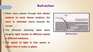 Refraction
 When wave passes through less dense
medium to more dense medium, the
wave is refracted (bent) towards the
normal.
 The refraction (bending) takes place
because light travels at different speed
in different mediums.
 The speed of light in free space is
higher than in water or glass.
Refraction
 