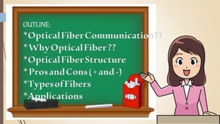 OUTLINE:
*OpticalFiberCommunication??
*WhyOpticalFiber??
*OpticalFiberStructure
*ProsandCons(+and-)
*TypesofFibers
*Applications
 