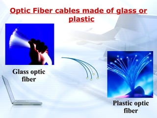 Optic Fiber cables made of glass or
               plastic




Glass optic
   fiber


                          Plastic optic
                             fiber
 