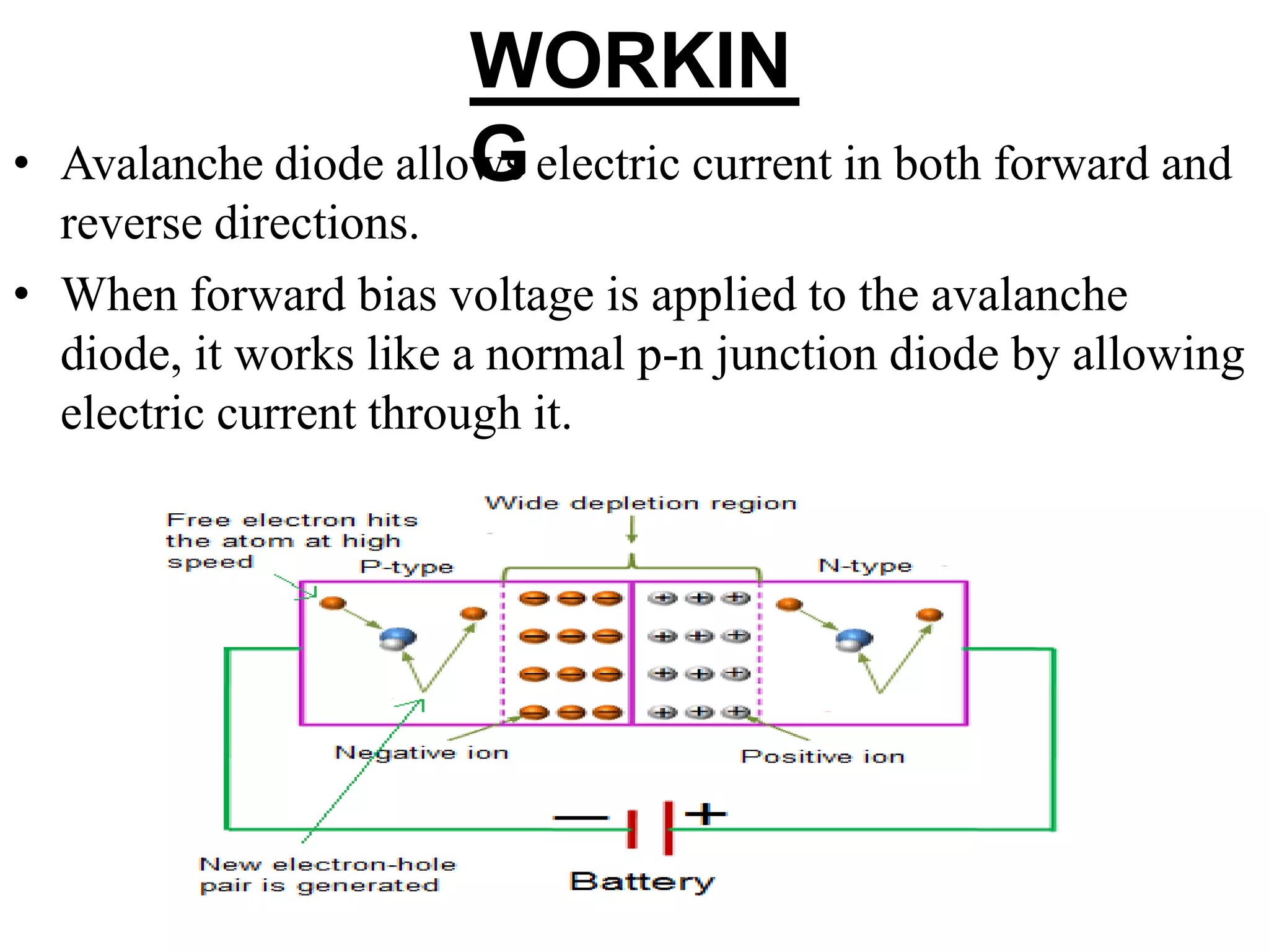 WORKIN
G
• Avalanche diode allows electric current in both forward and
reverse directions.
• When forward bias voltage is applied to the avalanche
diode, it works like a normal p-n junction diode by allowing
electric current through it.
 