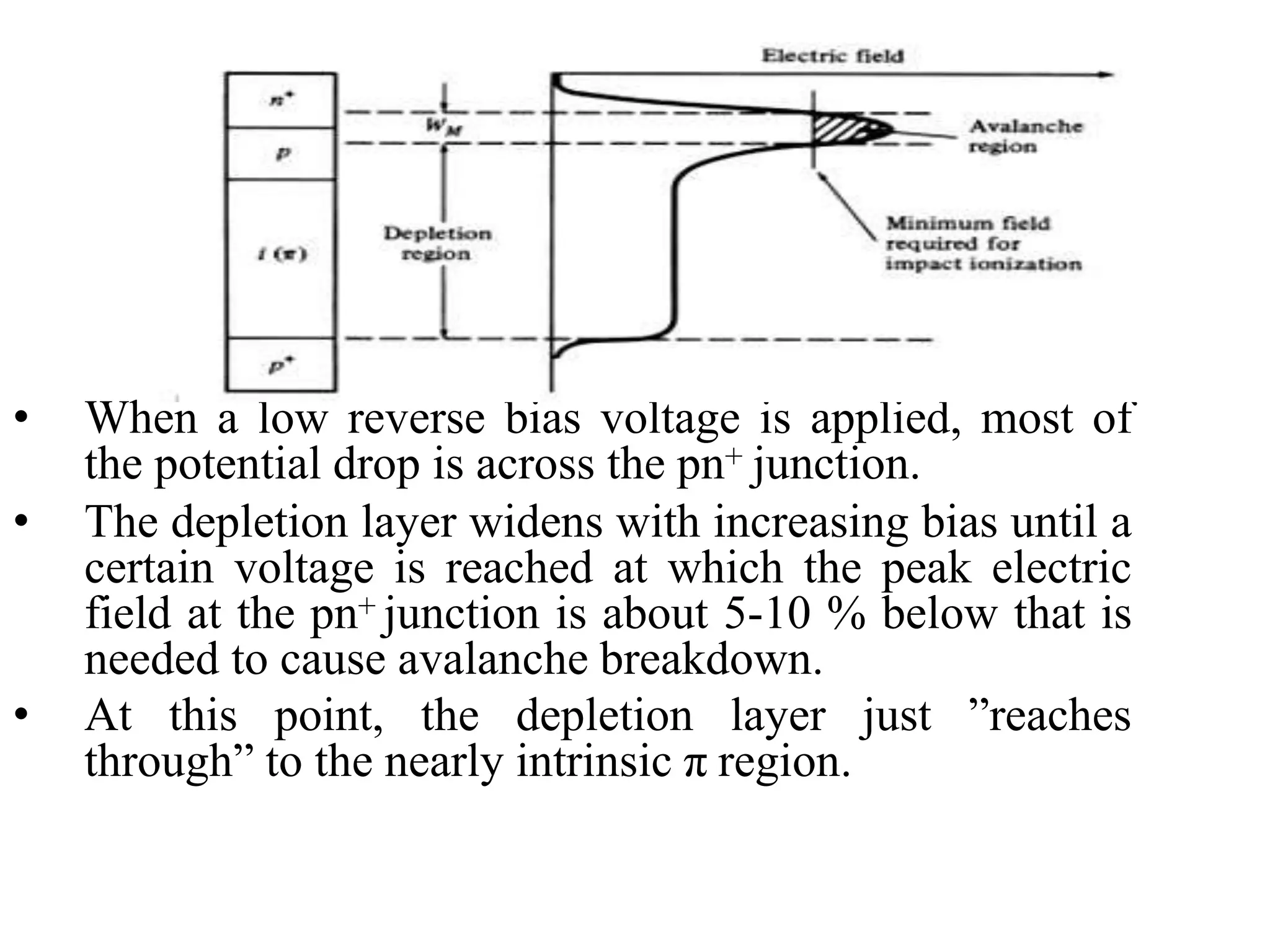 • When a low reverse bias voltage is applied, most of
the potential drop is across the pn+ junction.
• The depletion layer widens with increasing bias until a
certain voltage is reached at which the peak electric
field at the pn+ junction is about 5-10 % below that is
needed to cause avalanche breakdown.
• At this point, the depletion layer just ”reaches
through” to the nearly intrinsic π region.
 