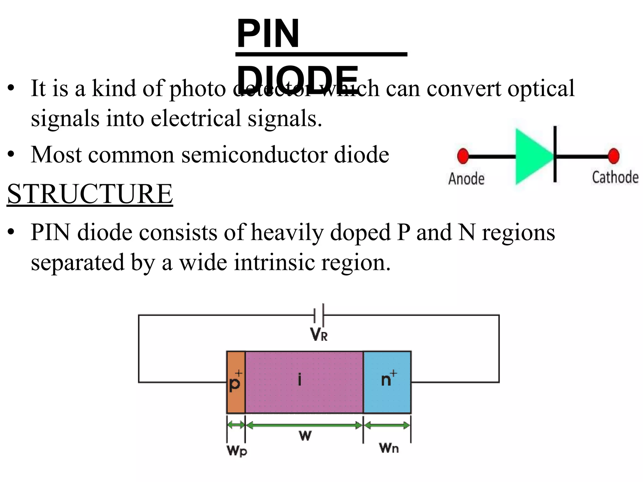 PIN
DIODE
• It is a kind of photo detector which can convert optical
signals into electrical signals.
• Most common semiconductor diode
STRUCTURE
• PIN diode consists of heavily doped P and N regions
separated by a wide intrinsic region.
 