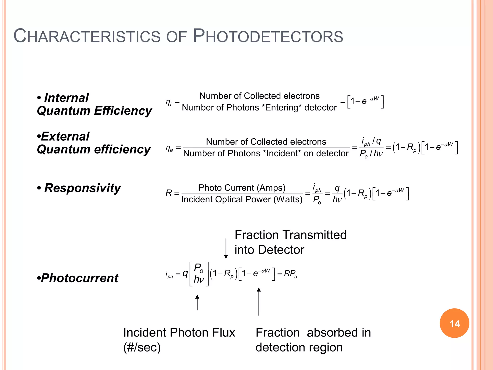 CHARACTERISTICS OF PHOTODETECTORS
 







 
 
 
 
  
    

Number of Collected electrons
1
Number of Photons *Entering* detector
/Number of Collected electrons
1 1
Number of Photons *Incident* on detector /
Photo Current (Amps)
W
i
ph W
e p
o
e
i q
R e
P h
R  
 






 
 
 
     
  
   
 
1 1
Incident Optical Power (Watts)
1 1ph o
ph W
p
o
W
p
oi RP
i q
R e
P h
R e
P
q
h
• Internal
Quantum Efficiency
•External
Quantum efficiency
• Responsivity
•Photocurrent
Incident Photon Flux
(#/sec)
Fraction Transmitted
into Detector
Fraction absorbed in
detection region
14
 